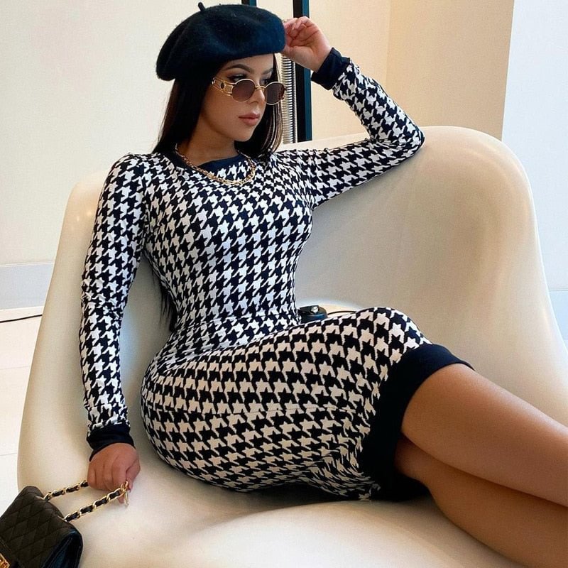 Dulzura Houndstooth Print Women Long Sleeve Midi Dress Hollow Out Bodycon Sexy Streetwear 2020 Autumn Winter Club Elegant Slim