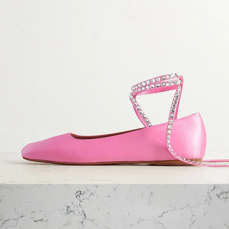 Pink Satin Square Toe Wedding Shoes Rhinestone Strappy Ballet Flats |FSJ Shoes