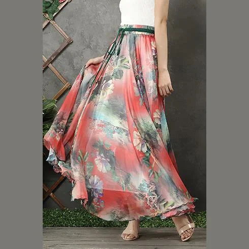 Handmade elastic tie waist chiffon tunic pattern Work Outfits red prints Plus Size Dresses summer