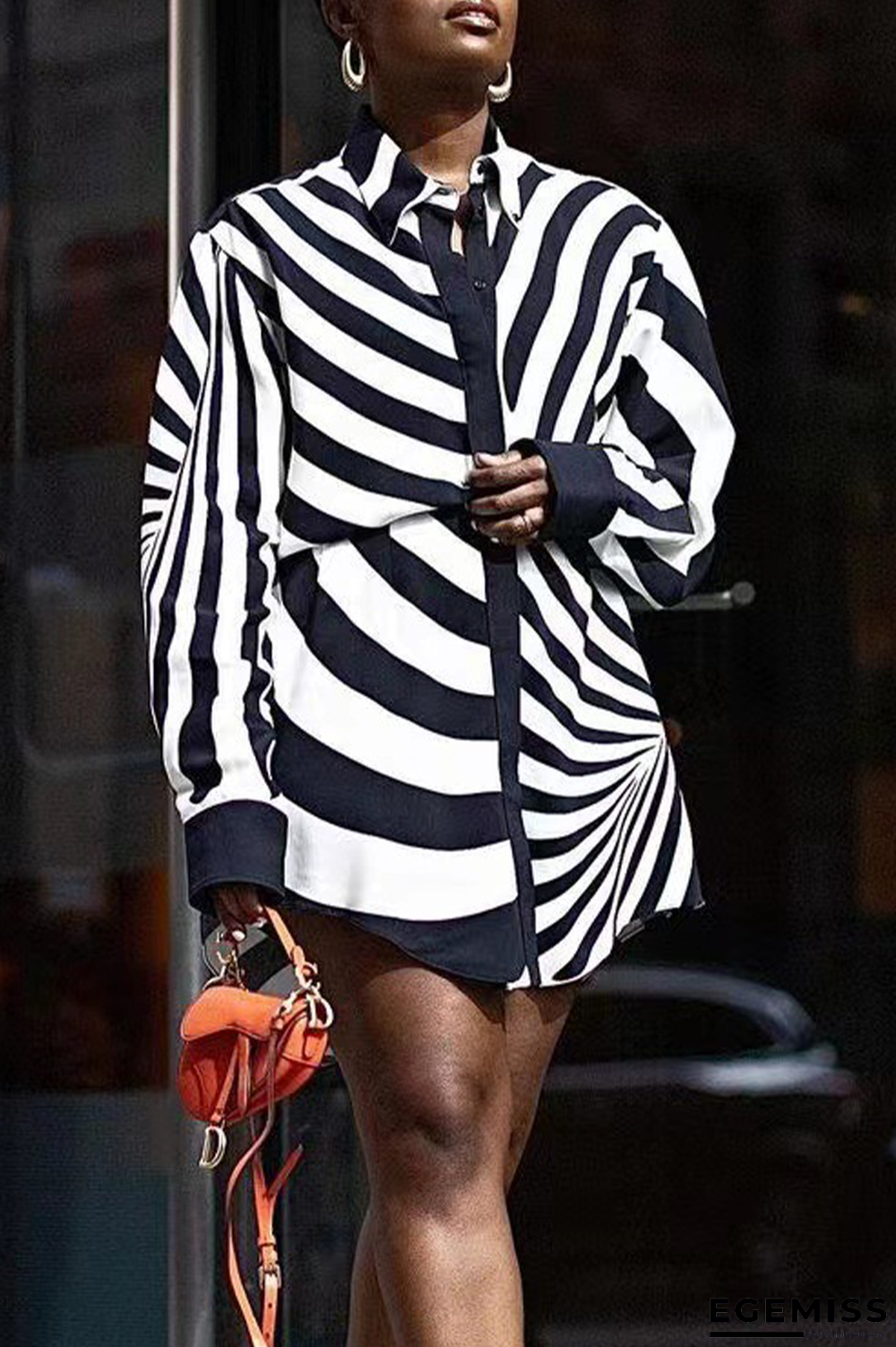Black White Casual Animal Print Patchwork Turndown Collar Shirt Dress Dresses | EGEMISS