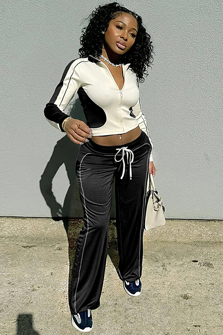 Colorblock Crop Track Jacket Tie Up Pants Sporty 2pcs Set-Black