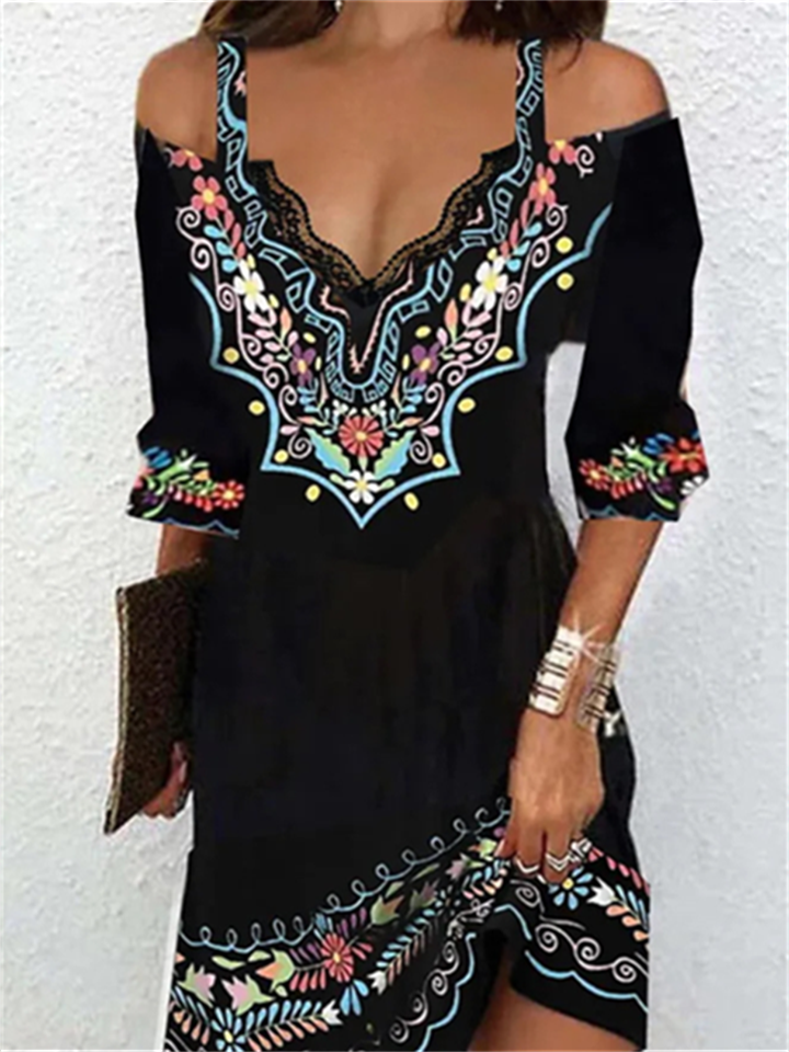 Women&lsquo;s Casual Dress Ethnic Dress Mini Dress Black 3/4 Length Sleeve Pure Color Print Summer Spring Fall V Neck Stylish | 168DEAL