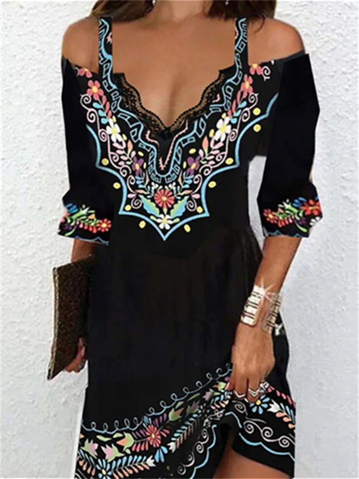 Women‘s Casual Dress Ethnic Dress Mini Dress Black 3/4 Length Sleeve Pure Color Print Summer Spring Fall V Neck Stylish | 168DEAL
