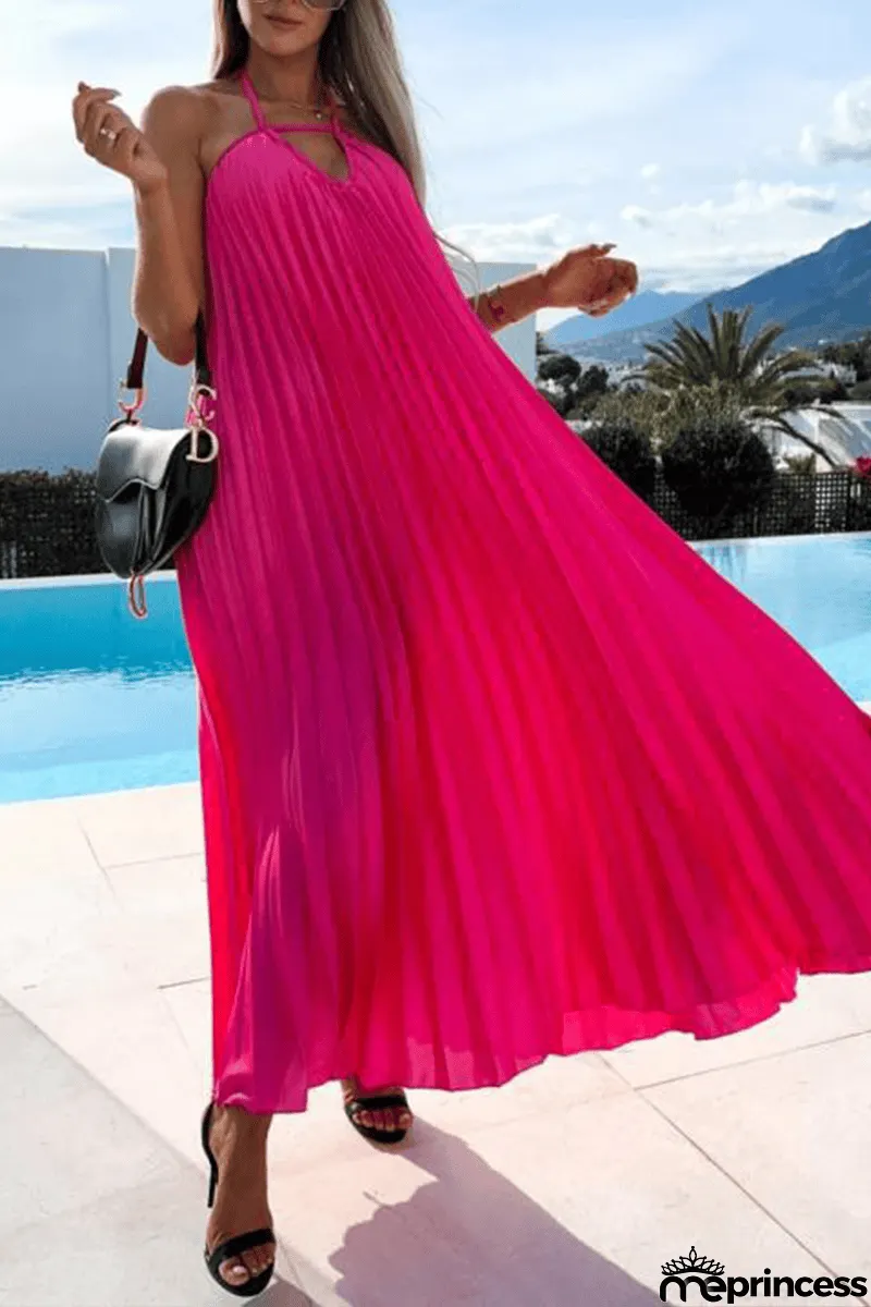 Pleated Halter Neck Backless Maxi Dress