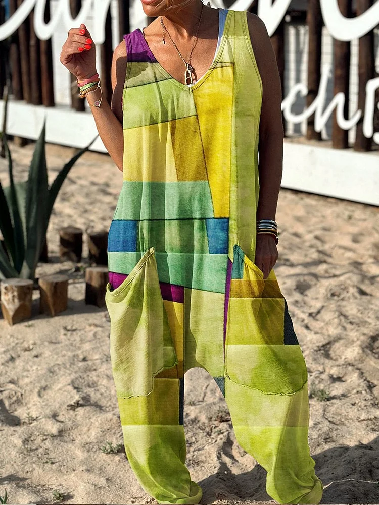 Abstract Pattern Hippie Art Print Casual 100% Cotton Wide Leg Jumpsuit