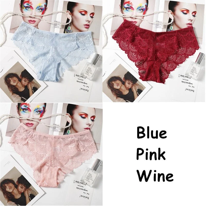 3PCS Sexy Lace Panties Solid Soft Breathable Briefs Seamless Women Underwear Ladies Panty Transparent Tempting Low-Rise Lingerie