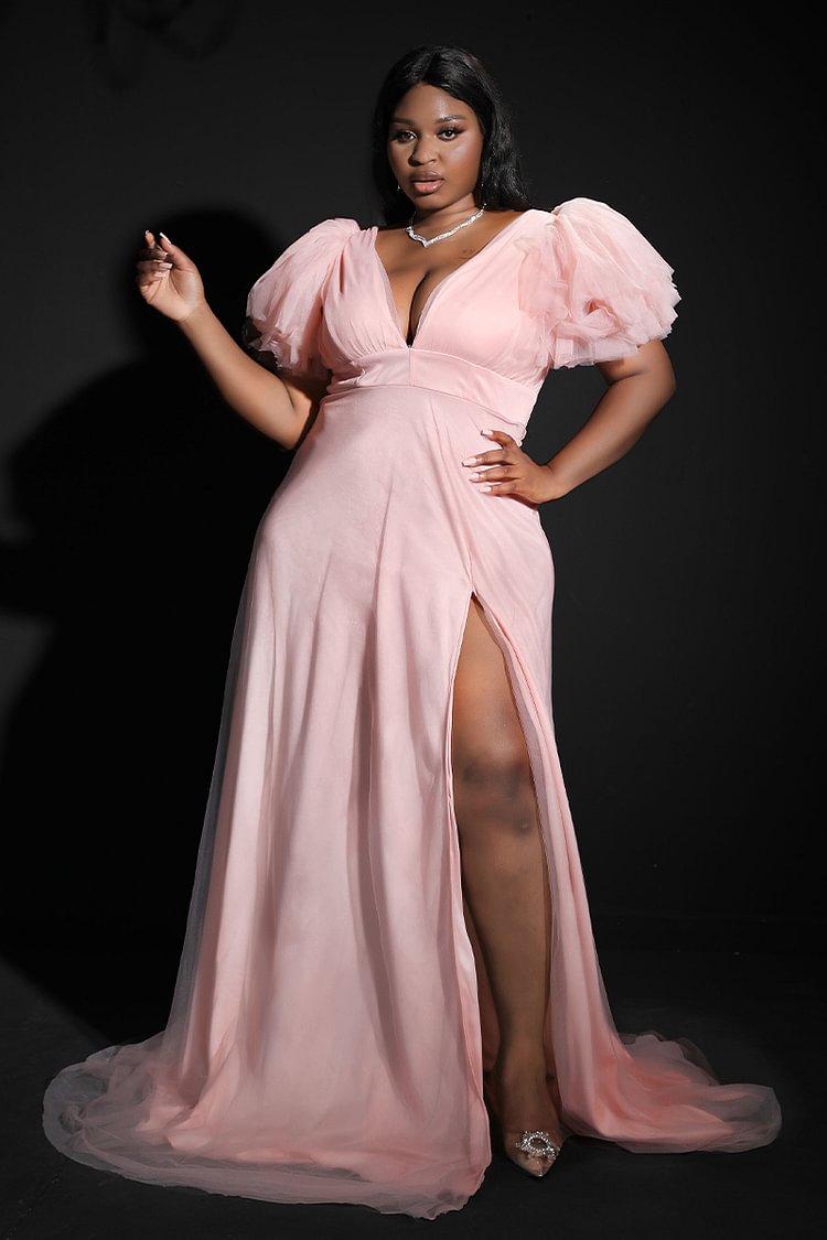 Xpluswear Design Plus Size Formal Split Joint V Neck Tulle Ruffle Trailing Maxi Dress