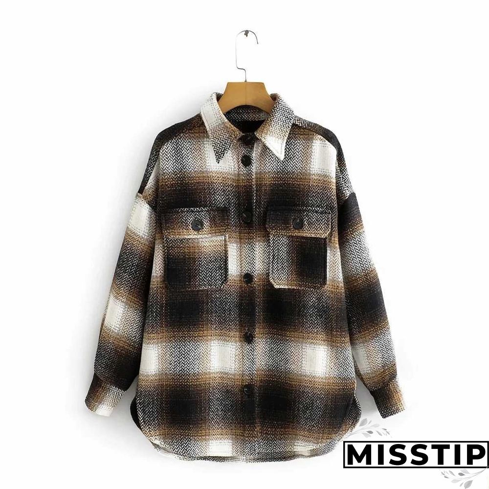 Classic Thick Colorblock Checked Button Down Shirt Jacket Woolen