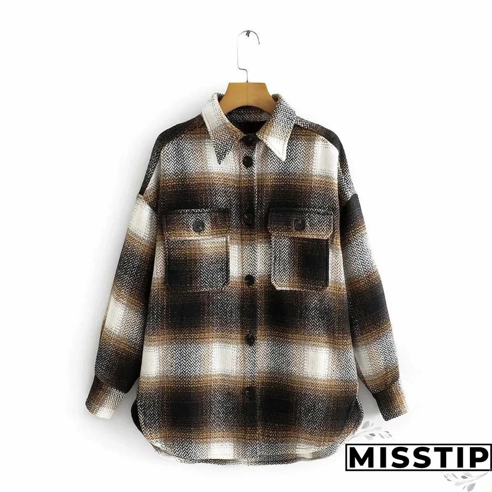 Classic Thick Colorblock Checked Button Down Shirt Jacket Woolen