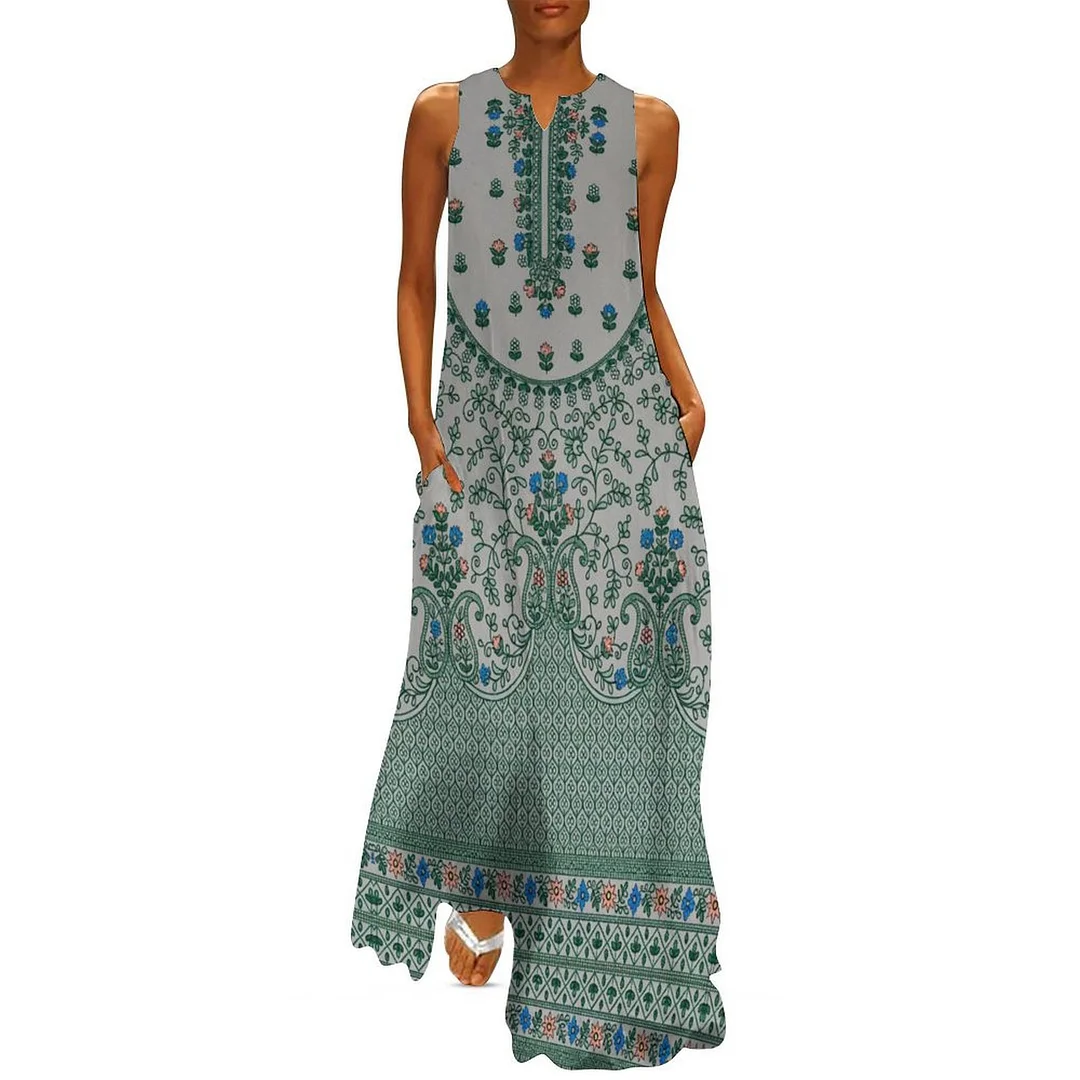 Style & Comfort for Mature Women Plus Size Printed Sleeveless Casual Women Maxi Dress with Pockets in Pattern Green, Vintage