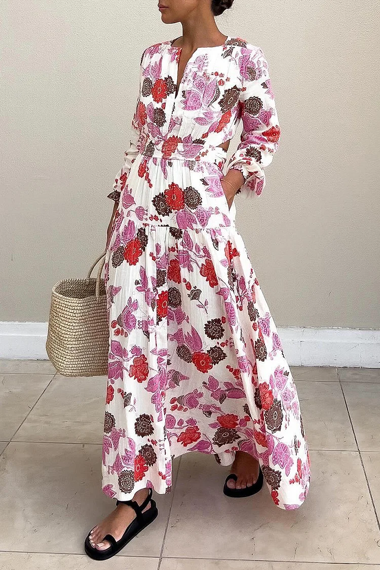 Floral Printed Linen Long Sleeve Cutout Tie Waist Maxi Dresses [Pre Order]