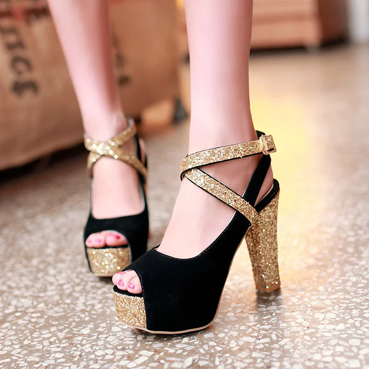 Black Sequin Cross Ankle Strap Chunky Heel Pumps Vdcoo