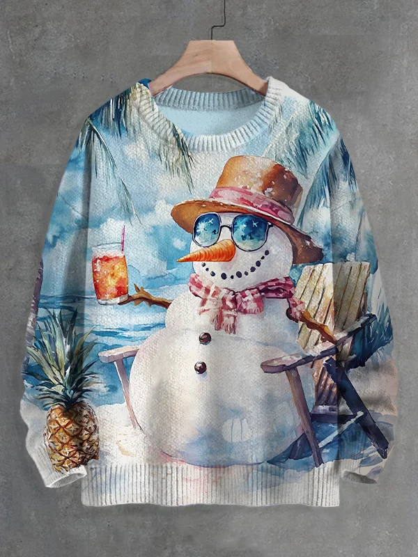 Men's Snowman Seaside Holiday Watercolor Art Print Knit Sweatshirt