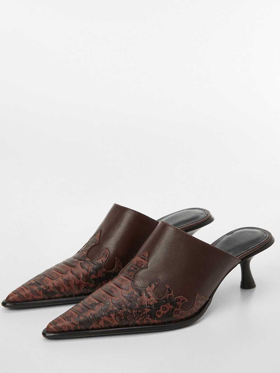 Brown Vegan Leather Pointed Toe Croc-Embossed Classy Heeled Mules Nicepairs