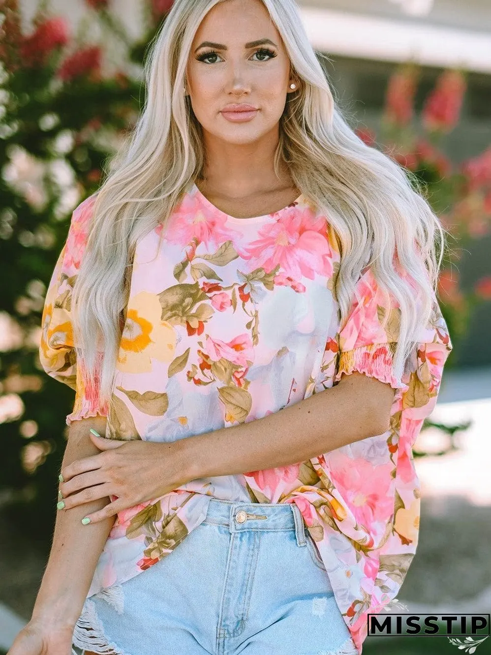 Pink Floral Loose Fit Blouse with Shirred Cuffs
