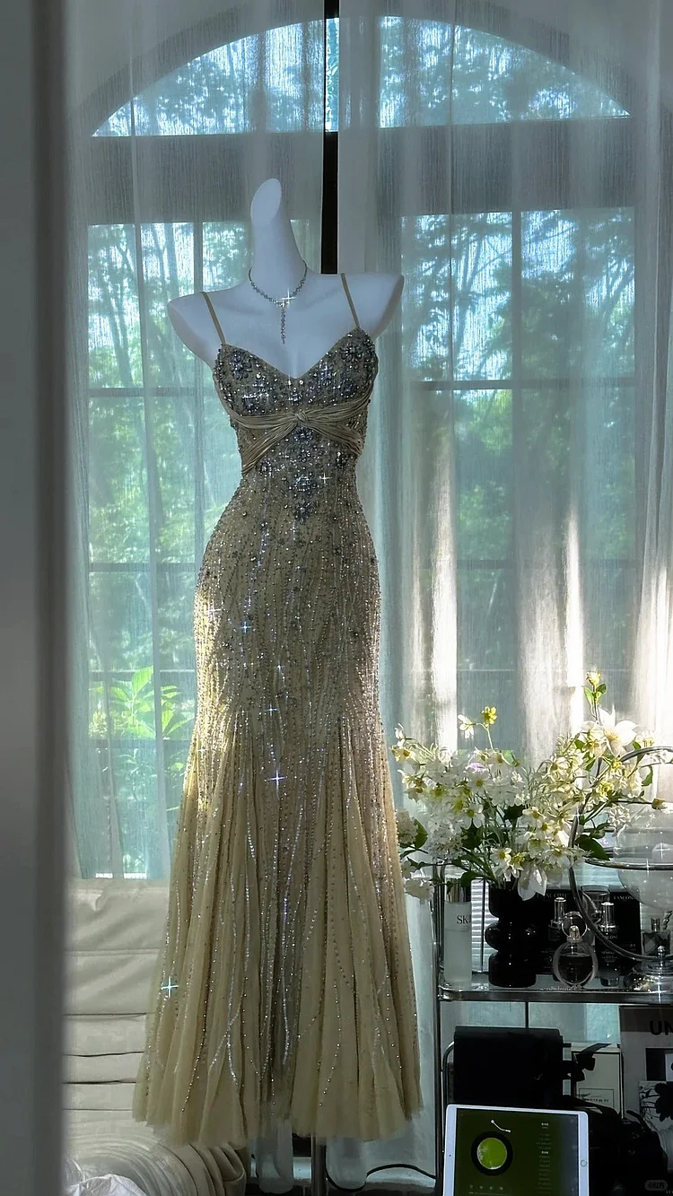 Gold Grass Green Vintage Beading Long Elegant Chiffon Homecoming Dress Ball Dress Evening Dress Birthday Party Dress Date Dress Prom Dress