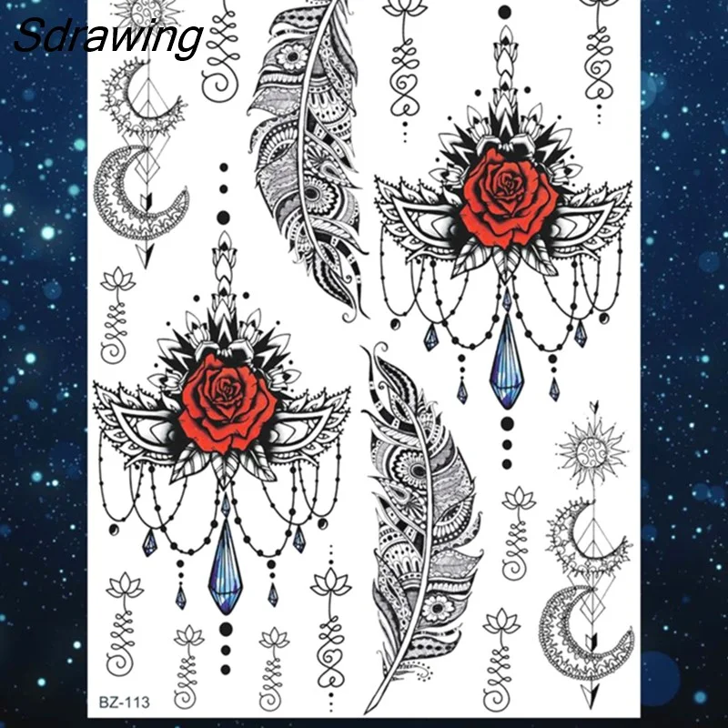 Sdrawing Henna Temporary Tattoos For Women Girls Feather Butterfly DreamCatcher Fake Gem Tattoo Sticker Chest Arm Tatoos Tribal 328-1