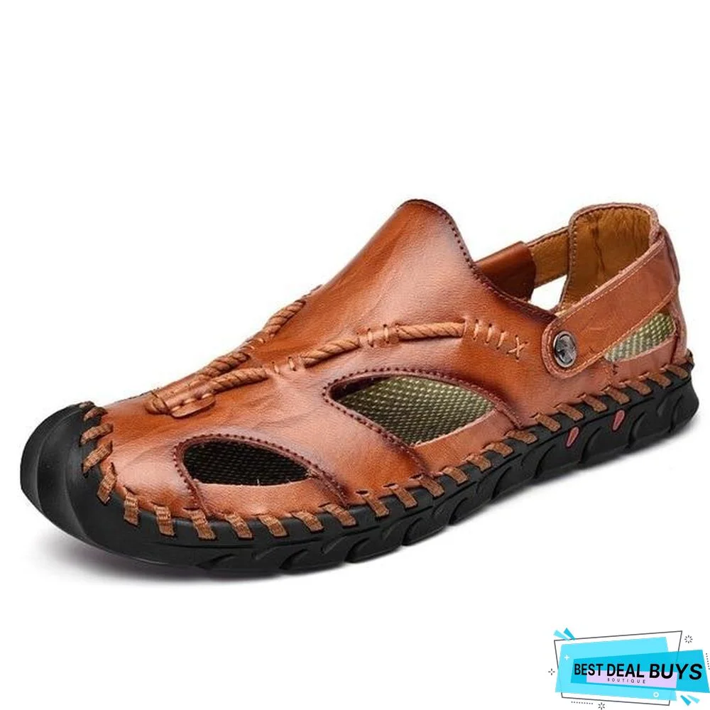 Men's Rome Genuine Leather Sandals Slip On Breathable Beach Sandal Shoes