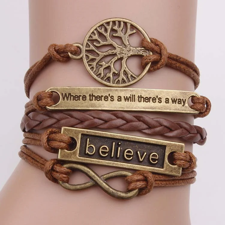 Bronze Lucky Tree Where Infinite Believe Retro Leather Cord Bracelet VangoghDress