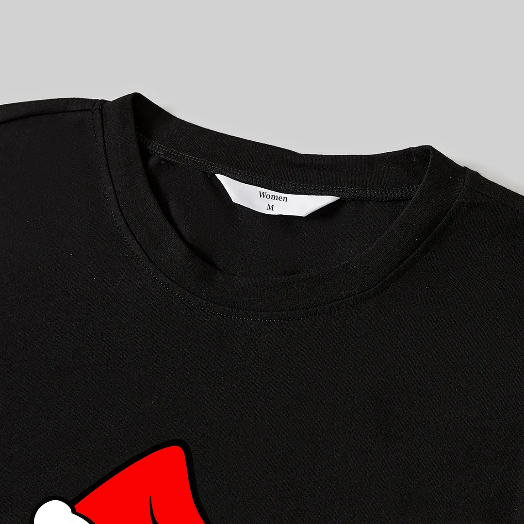 Christmas Cartoon Print Black Long Sleeve Top with Red & White & Green Plaid Family Matching Pajamas