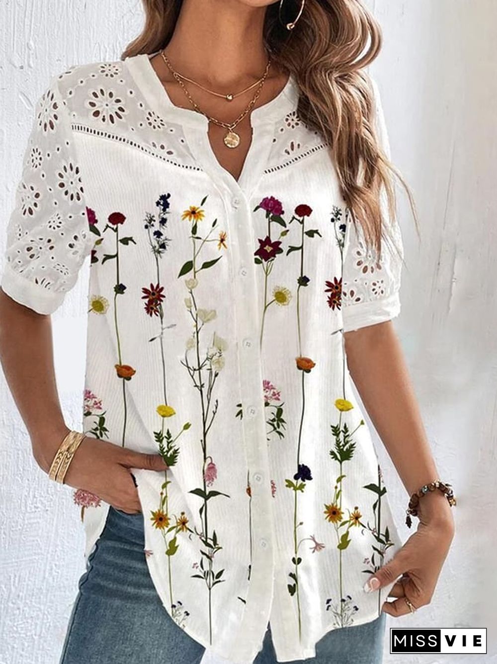 Lace Cut Out Fashionable Breasted Lapel Short Sleeved Shirt