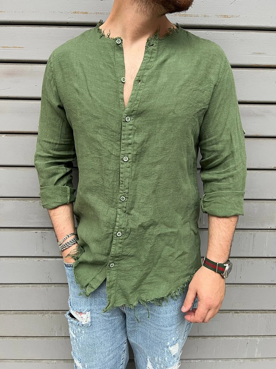 Men's Brushed Green Cotton and Linen Shirt