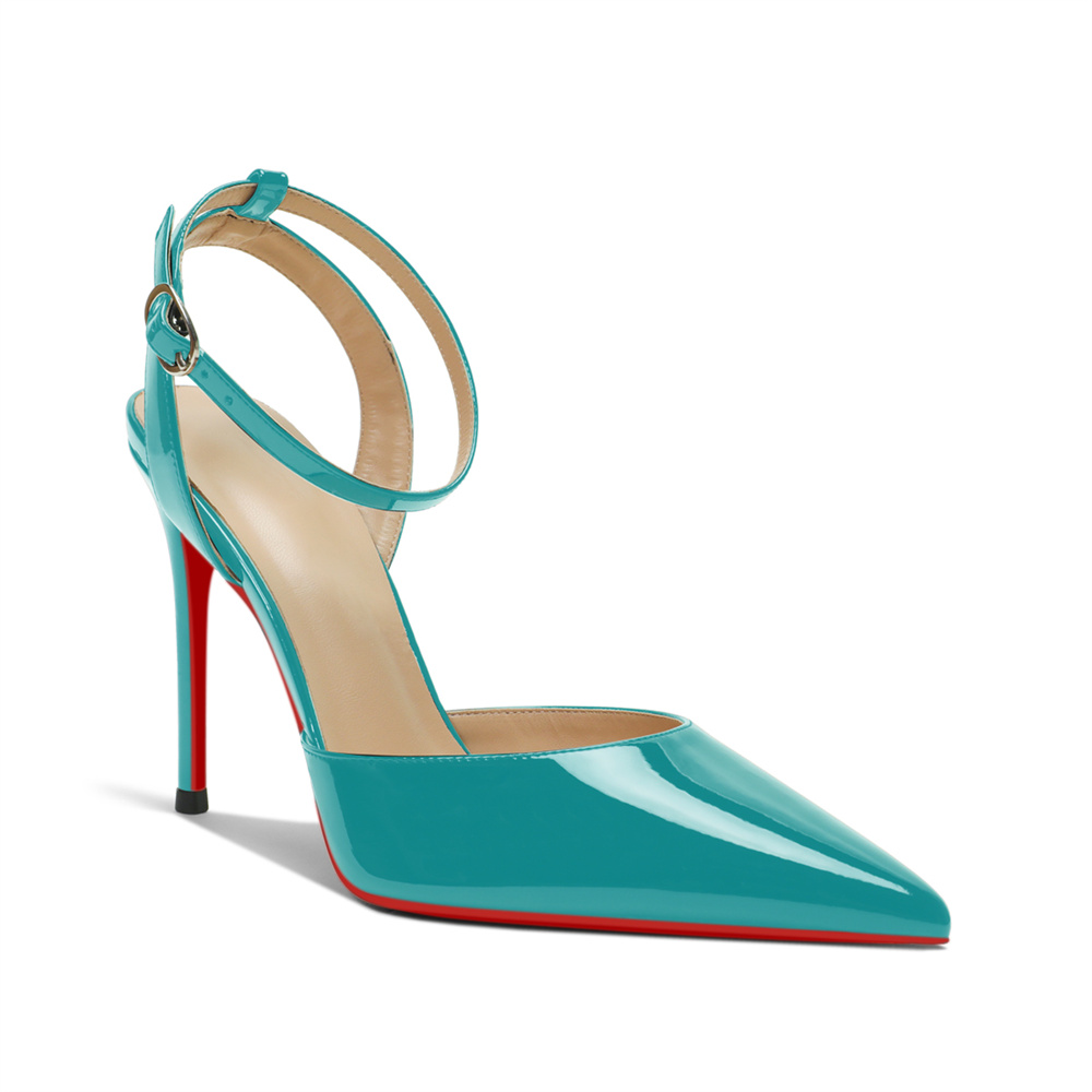 100mm Women's Slingback Ankle Buckle Pointed Toe Red Bottom Wedding Party High Heels-MERUMOTE
