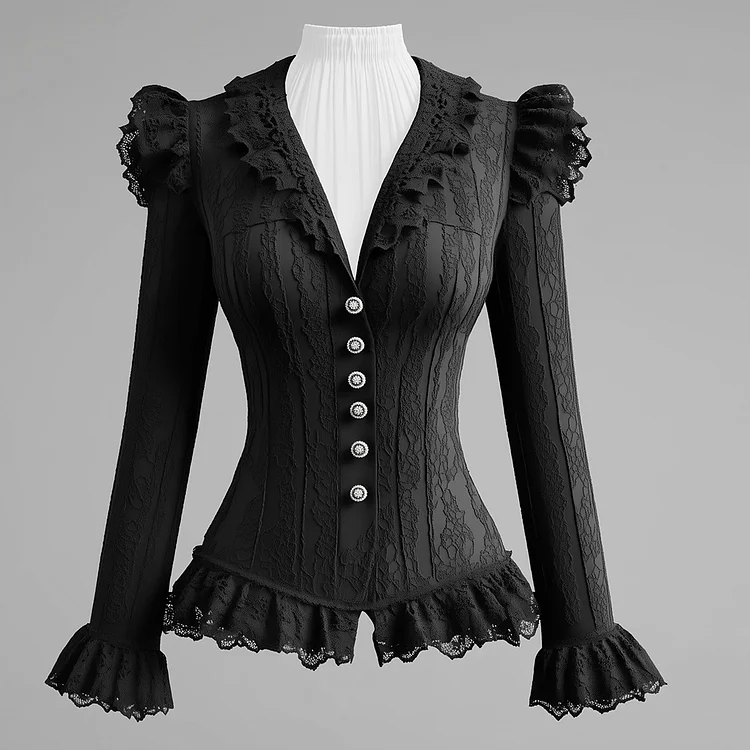 Ursime Lace Trim Ruffle V Neck Flare Sleeve Button Blouse