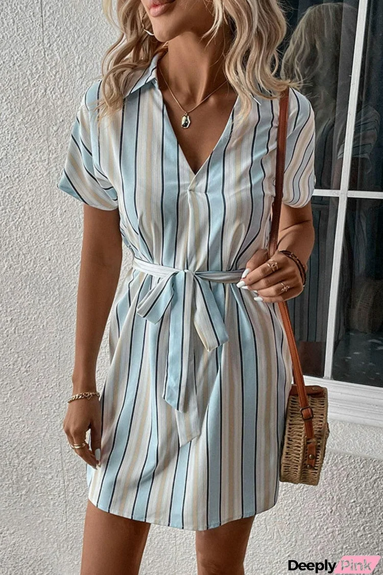 Striped Johnny Collar Tie-Waist Dress