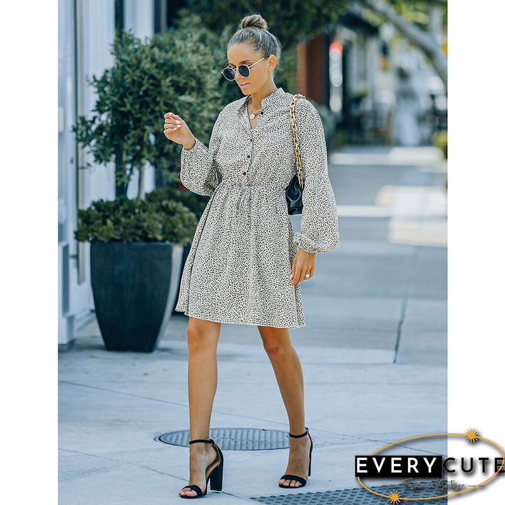White V Neck Lace-up Chiffon Long Sleeve Mini Dress