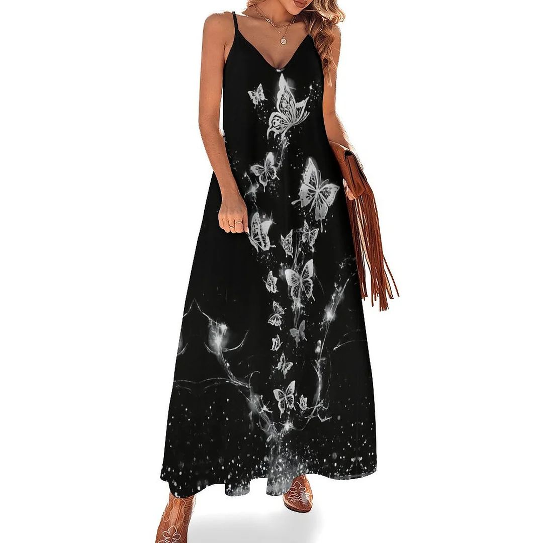 Style & Comfort for Mature Women Plus Size Printed Sling Casual Women Maxi Dress in Pattern Butterfly, Black, Silver