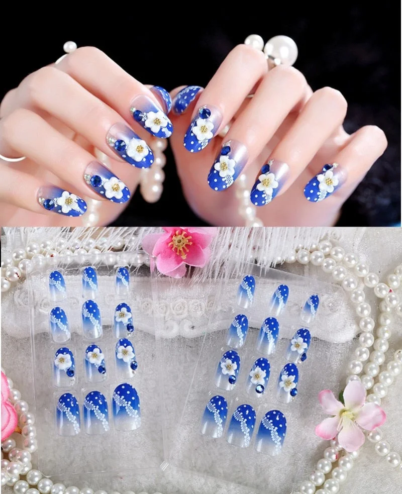 24Pcs/Set Fake Nails Press on Girls Finger Beauty False Nail Art Tips Bright Shining 3D Diamond Full Cover French Nail Art Tips-Nail Inspo