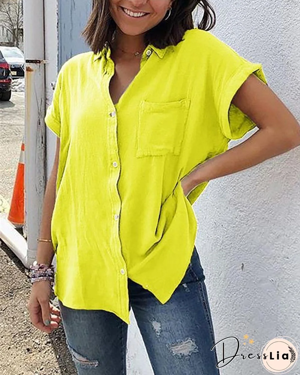 Pockets Short Sleeve Buttoned Down Plus Size Blouses