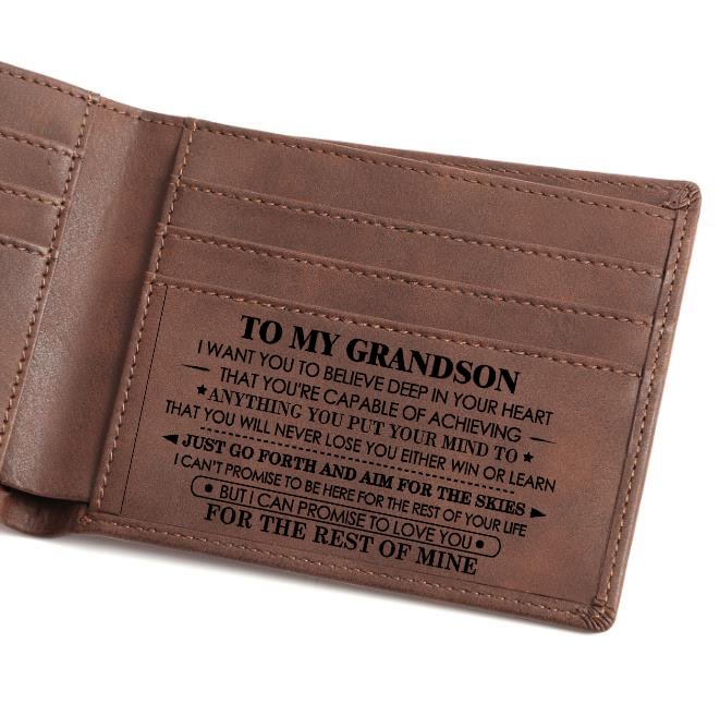 To My Grandson Engraved Slim Bifold Leather Wallet - Gift from Grandparents