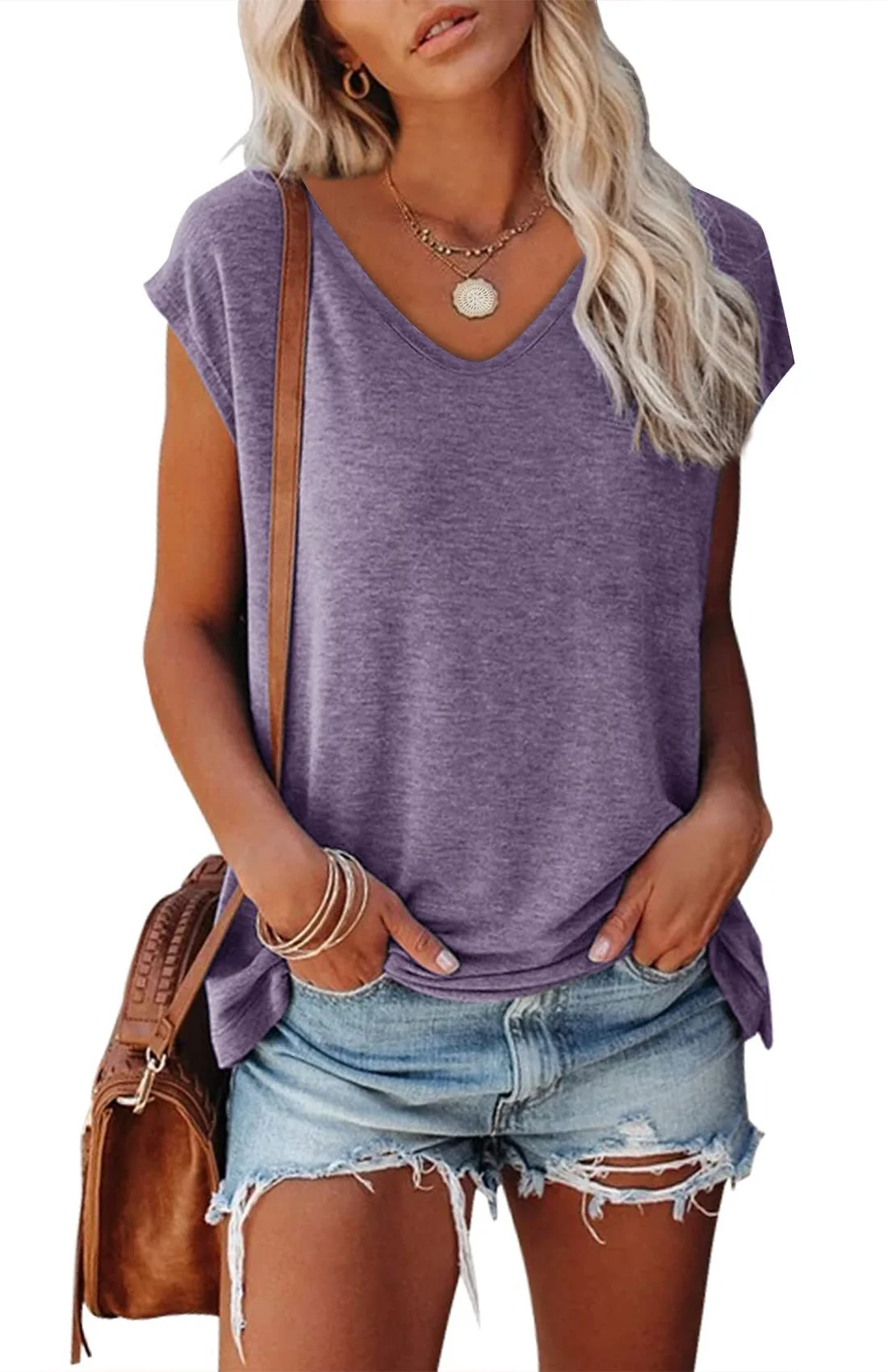 Brownm Color V-neck Cotton Blend Casual Loose Sleeveless Top Women's T-shirt
