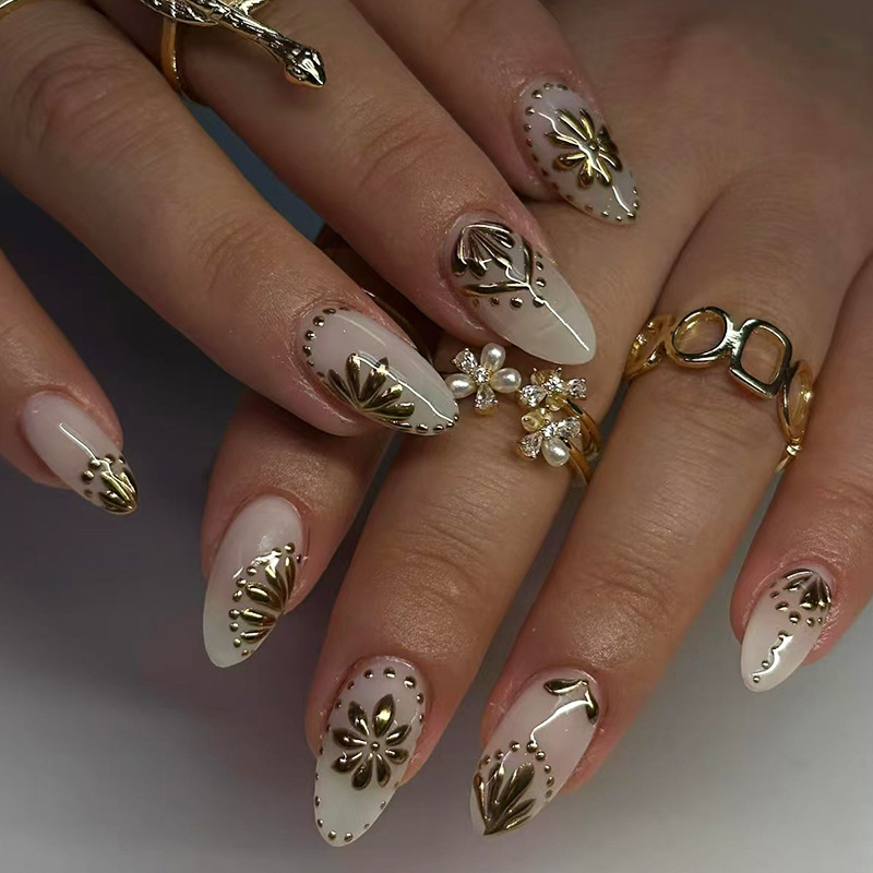 Damokan 24Pcs Simple French Nails Art Tips Fake Nails 3D Design Wearable Full Cover False Nail Mid-length Almond Reusable Press on Nails