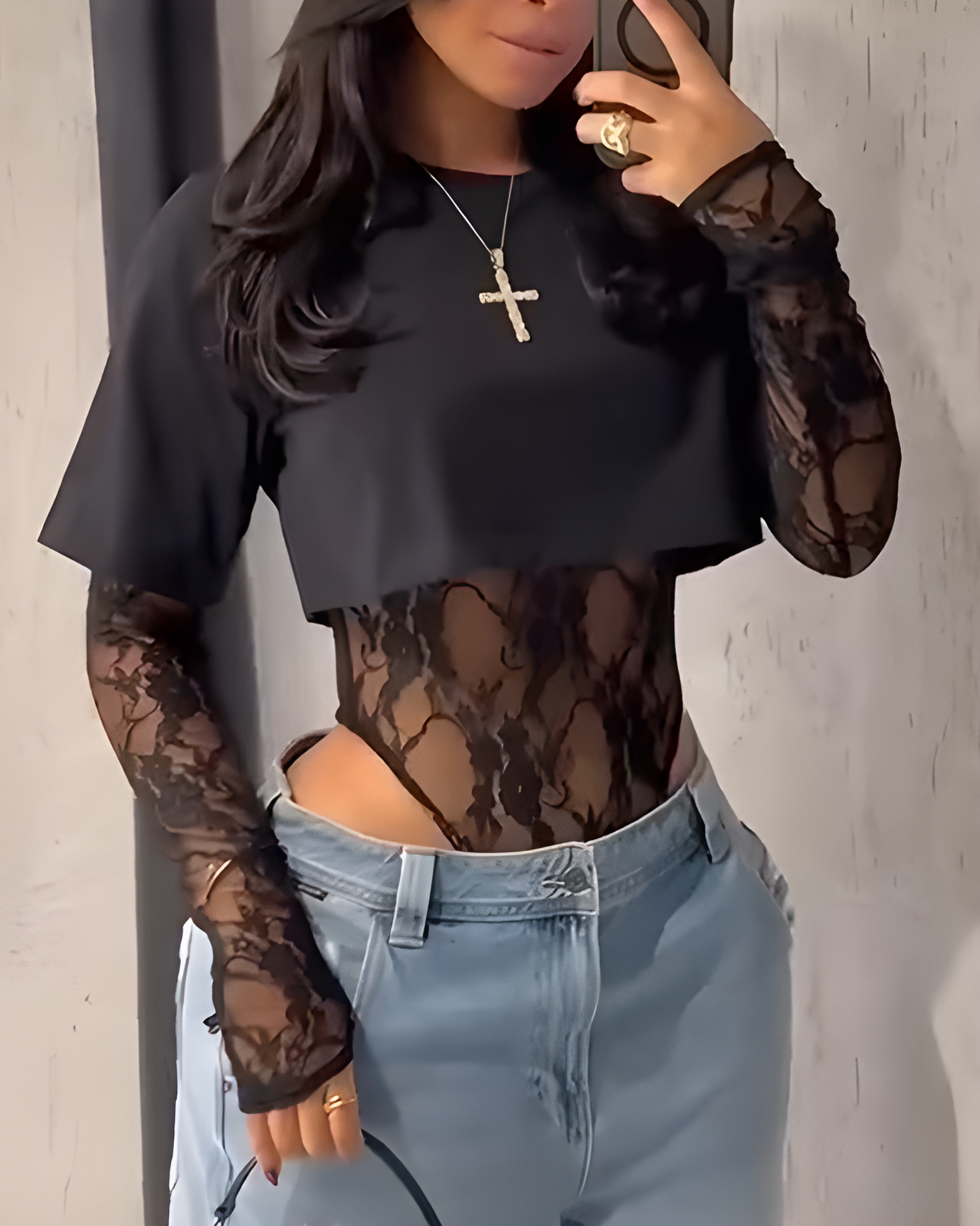 Lace Bodysuit T-Shirt Two-Piece Set