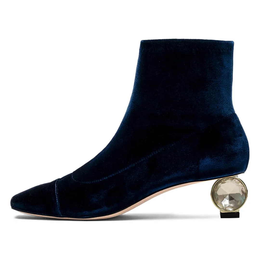 Navy Crystal Sculptural Heel Velvet Square Toe Short Boots for Women