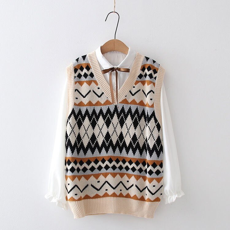 Sweater Vest Women Vintage Floral Vintage Japanese Style Students All-match Chic Fashion V-neck Loose Kawaii Sleeveless Sweaters