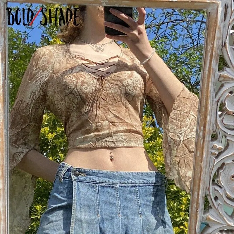 Bold Shade Fairy Core Women Tops Lace Up V-neck Sexy Flare Sleeve Indie Fashion Vintage T-Shirts Autumn Floral Printing Tshirt