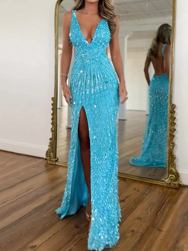Sequinned beaded Sleeveless Spaghetti-Neck split-side Evening Maxi Dresses