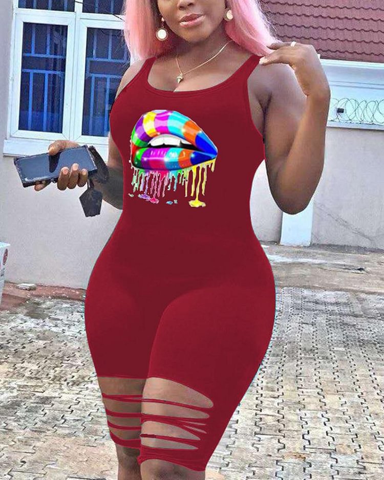 Lip Print Cut Out Backless Cami Casual Romper - Shop Trendy Women's Clothing | LoverChic