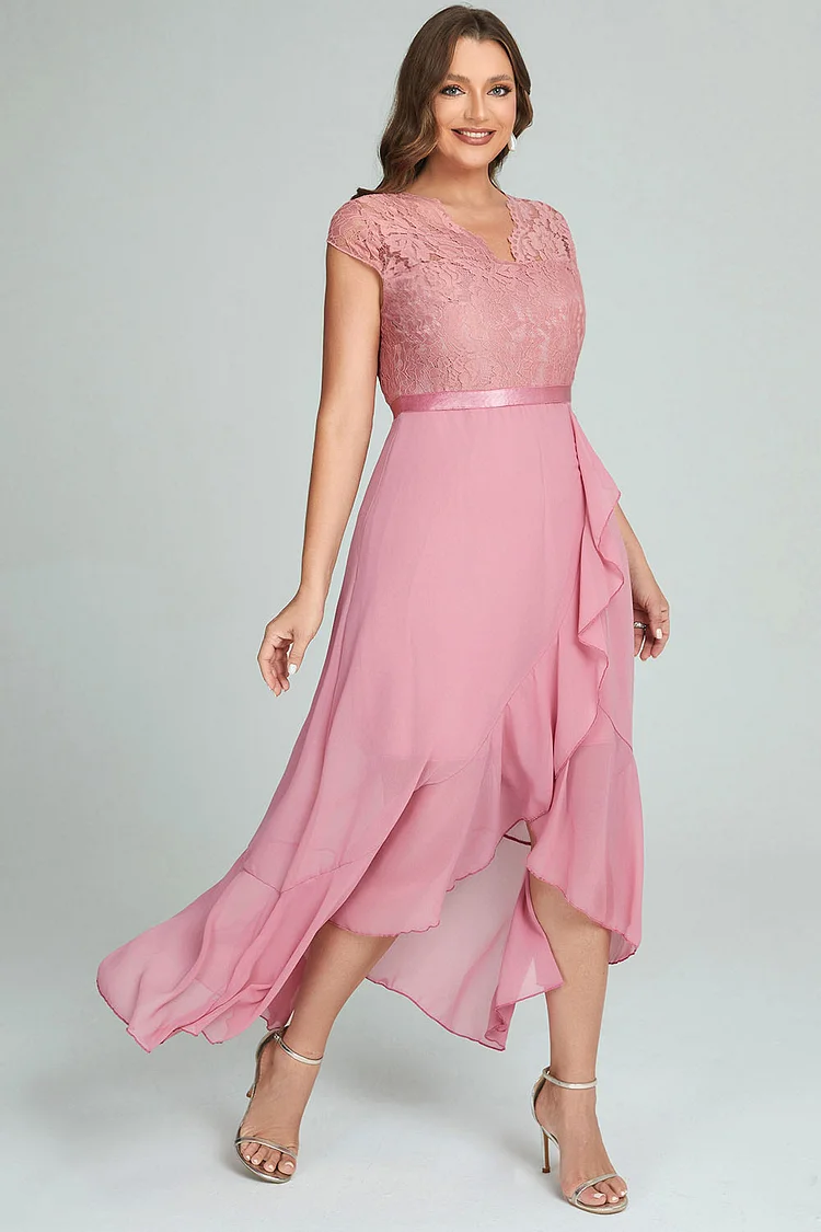 Flycurvy Plus Size Formal Pink Chiffon Lace Stitching Asymmetrical Hem Ruffle Cap Sleeve Maxi Dress  Flycurvy [product_label]