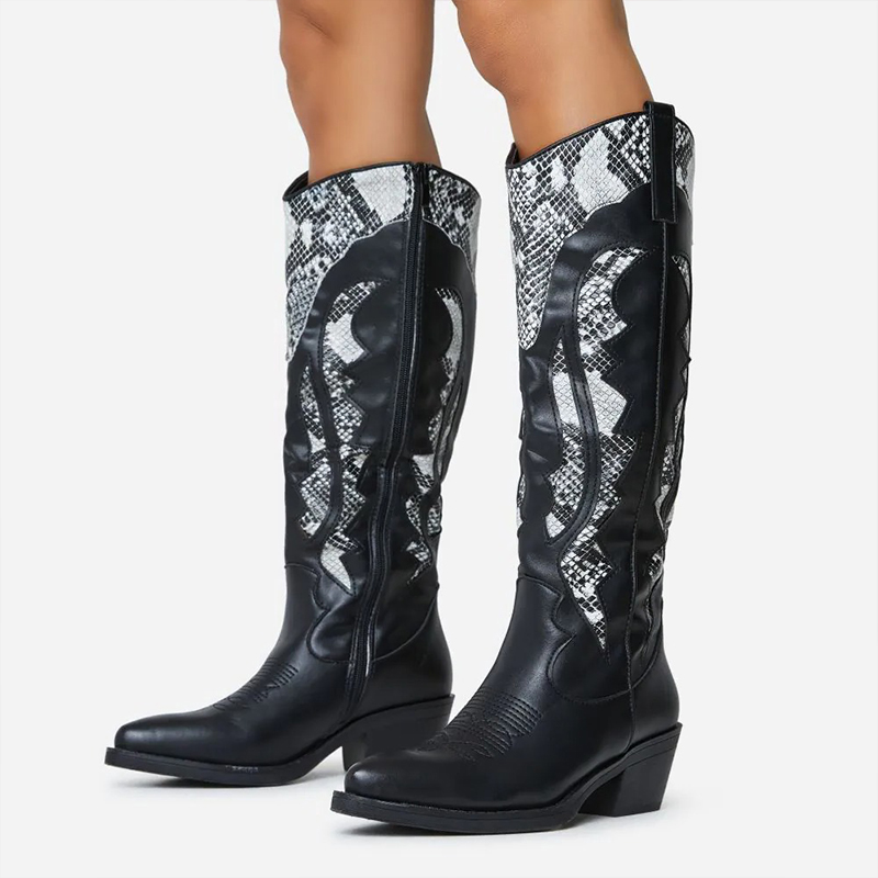 Snakeskin Print Below The Knee Block Heel Cowgirl Boots in Black