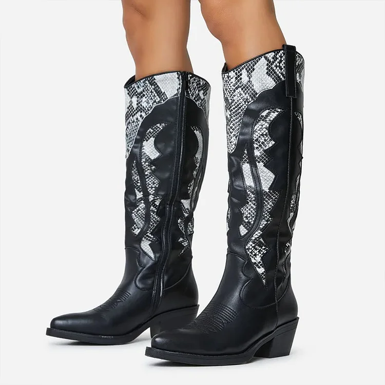Black & Snake Print Pointed Block Heel Knee High Western Boots with Zipper |FSJ Shoes