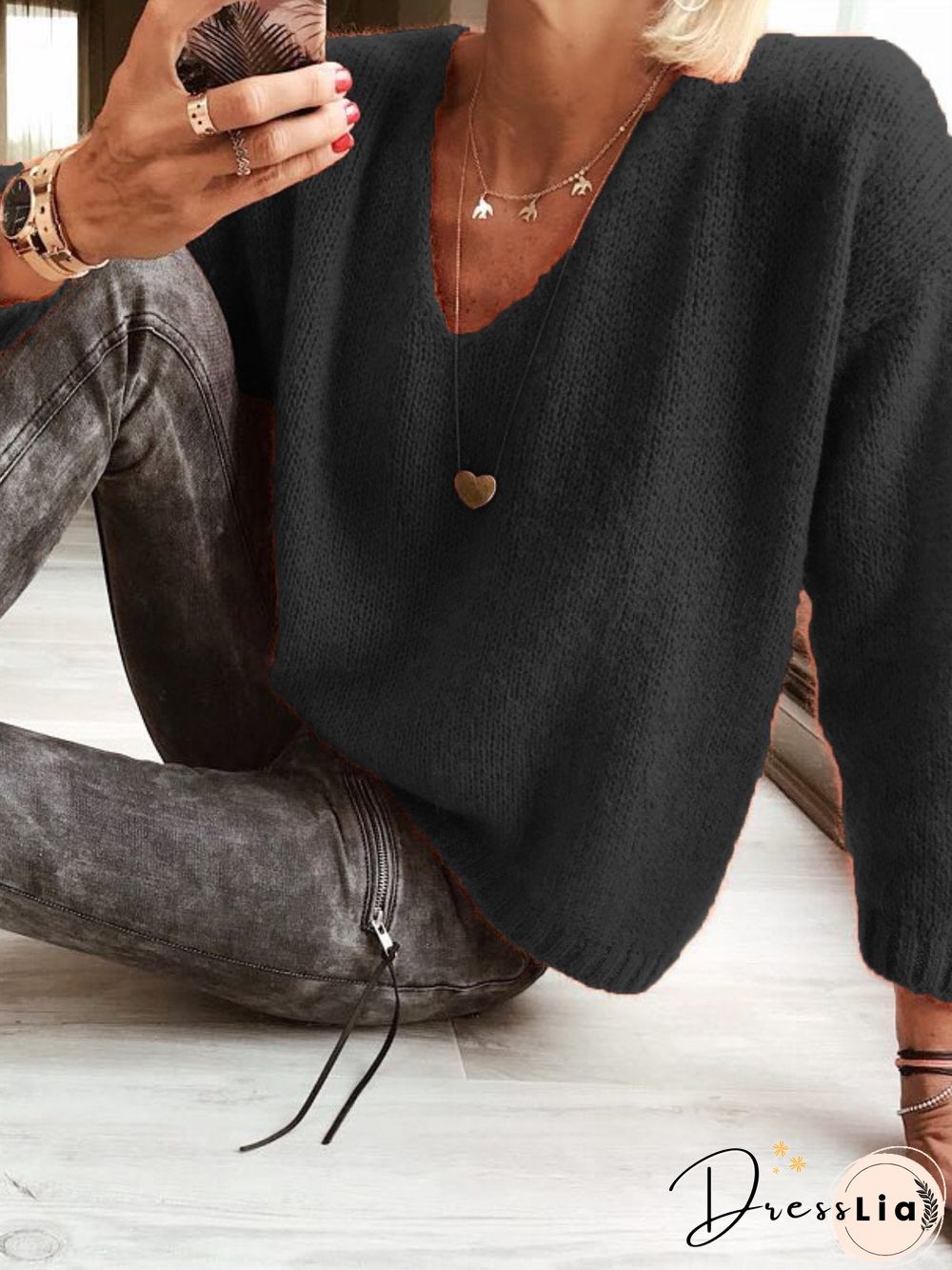 Woman Wool blend Casual V Neck Plain Sweater