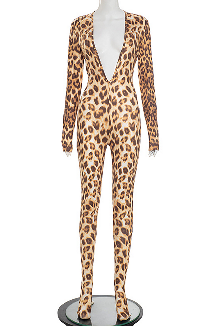Deep V Neck Long Sleeve Leopard Print Open Back Skinny Jumpsuit-LightBrown