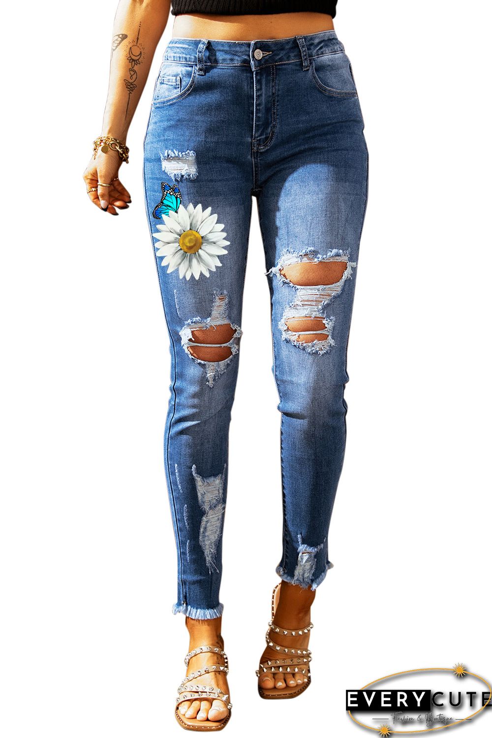 Sky Blue Daisy Butterfly Print Distressed Skinny Ankle Jeans