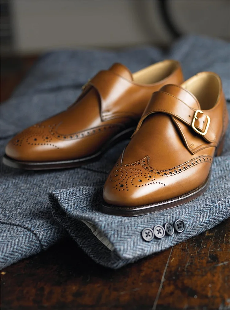 Men tan wing tip brogue monk shoes, Men tan brown business dress shoes