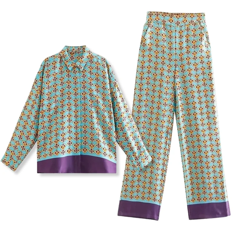 Casual Printed Two Piece Shirt and Pants Set Flaxmaker